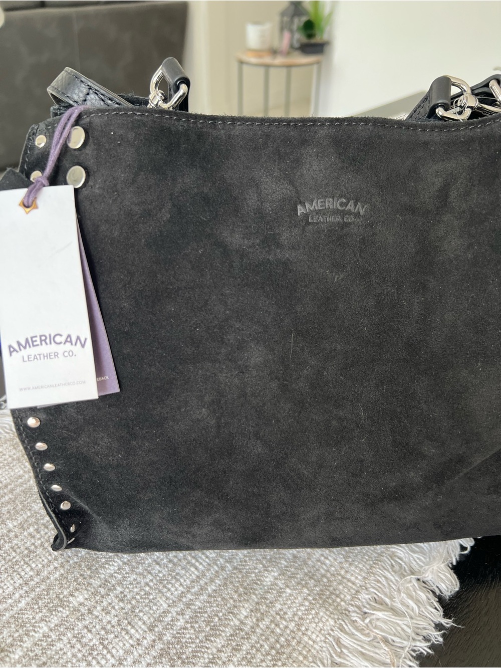 American Leather Co. Black Suede Studded Shoulder Bag - Picture 3 of 16